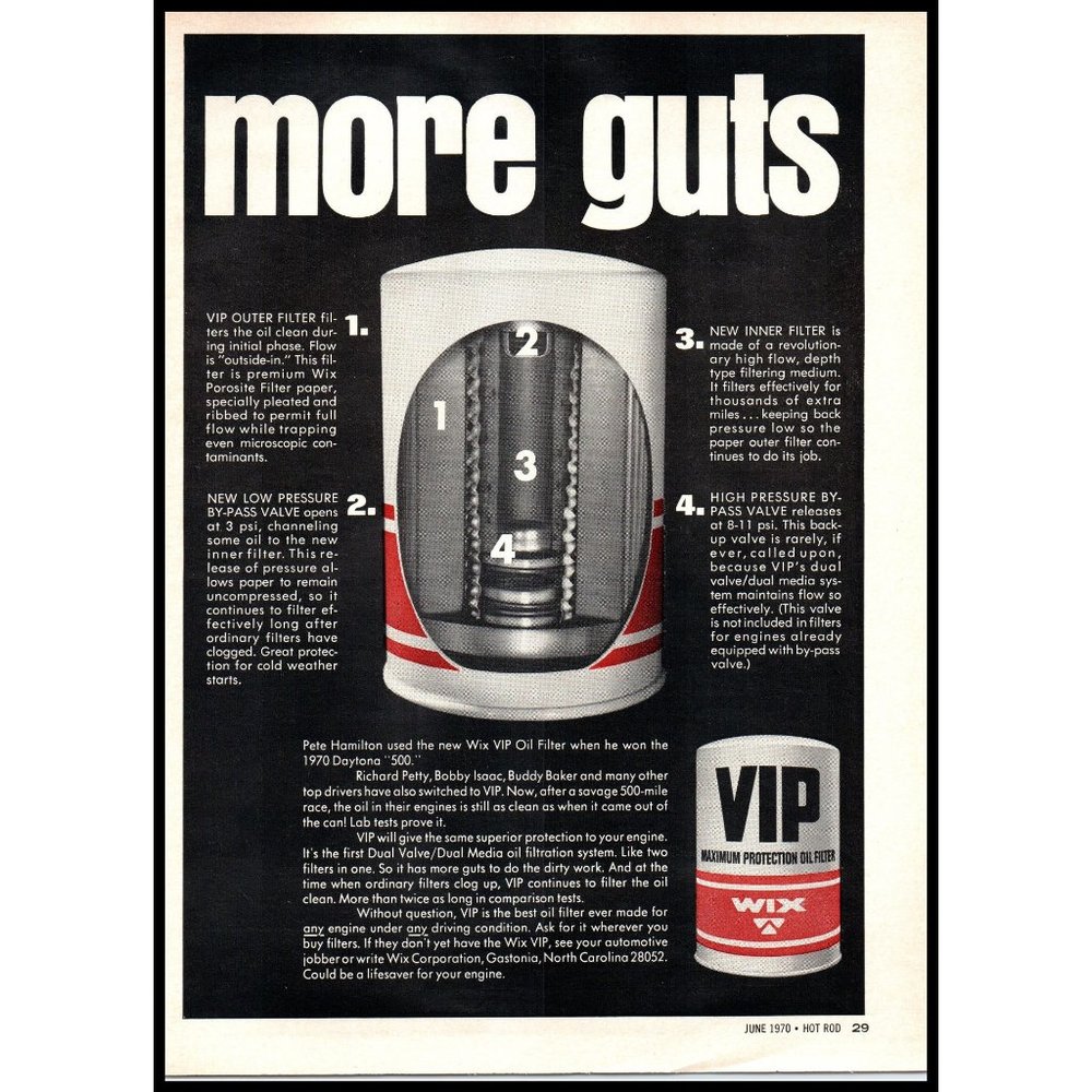 1970 Wix VIP Oil Filter Vintage Print Ad Car Parts Man Cave Wall Art Photo